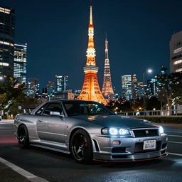 skyline gtr in tokyo at night, 4k photo