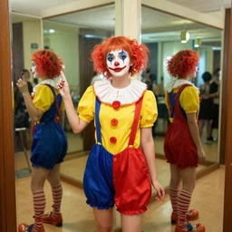 Clown girl in a hallway of mirrors