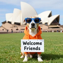 A portrait photo of a dog wearing an orange hoodie and blue sunglasses standing on the grass in front of the Sydney Opera House holding a sign on the chest that says Welcome Friends, subject: dog, subject detail: wearing orange hoodie, wearing blue sunglasses, subject location: sydney opera house, subject action: holding sign