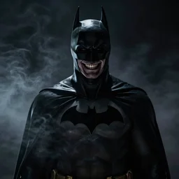 batman, smiling, unnatural grin, horror, creepy, smoke, black, dark, glow