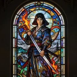 a stained glass window of a female samurai holding a flaming katana, ominous nighttime storm, fantasy, d & d, intricate, elegant, highly detailed, digital painting, artstation, concept art, matte, sharp focus, illustration, art by john collier and albert aublet and krenz cushart and artem demura and alphonse mucha