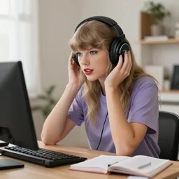 The LoFi Beats girl at her desk, studying with headphones on, resembling Taylor Swift