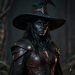 a female drow elf, jet - black skin, serious face, wearing a witch hat, hunter, leather armor, medieval, style by donato giancola, wayne reynolds, jeff easley dramatic light, high detail, cinematic lighting, artstation, dungeons and dragons