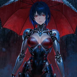 seductive female cyborg, in the rain, highly detailed, painting, dark red, azure blue and black color palette, intricate, high quality anime artstyle, in the style of sana takeda