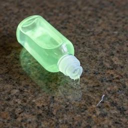 glowing liquid filled bottle spilling onto a granite tabletop