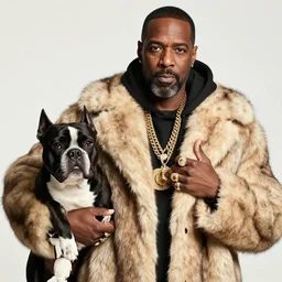 mr. rogers rocking a fur coat, big gold chains, three finger rings, og hustler, in the hood