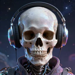 portrait of a fantasycore glitchcore deformed skull wearing headphones. intricate abstract. intricate artwork. celestial. prismatic, by josephine wall, pixar, ghibli. octane render, CGSociety very coherent symmetrical artwork. cinematic, hyper realism, high detail, octane render, 8k, holographic accents