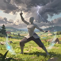 portrait of mage Syndra from League of Legends practicing wild magic, countryside, calm, fantasy character portrait, dynamic pose, above view, sunny day, thunder clouds in the sky, artwork by Jeremy Lipkin and Giuseppe Dangelico Pino and Michael Garmash and Rob Rey and Jean Giraud, very coherent asymmetrical artwork, sharp edges, perfect face, simple form, 100mm