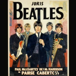 a poster announcing a Beatles concert in a parisian cabaret depicting John Lennon, Paul Mccartney, George Harrrison and Ringo Starr, by Toulouse-Lautrec, high quality, masterpiece,