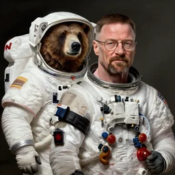 a bear in a astronaut suit and walter white, intricate, walter white, highly detailed, digital painting, artstation, concept art, smooth, sharp focus, illustration, unreal engine 5, 8 k, art by artgerm and greg rutkowski and alphonse mucha