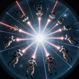 wide view of a dozen futuristic spacemen firing lasers in zero gravity, floating, in the sky, bright, hiding behind obstacles, surrounded by a laser grid, stars visible, unreal engine, lensflares, low perspective, fish eye
