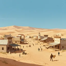 beautiful scene commission of a bustling desert western town. Atmospheric. Renowned scene illustration by greg rutkowski, thomas kindkade, alphonse mucha, loish, norman rockwell. detailed, inked, western comic book art