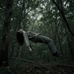 old creepy photo with a lifeless body hovering above the trees