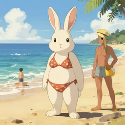 a anthropomorphic rabbit wearing bikini at the beach by Artgerm and Greg Staples and Greg Rutkowski