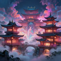 chinese ancient architecture in neon lights, ancient buildings in the tang dynasty, art by james gurney, johannes voss, gorgeous clouds, cyberpunk, fantasy lighting, octane render, ureal engine, japanese animation, mist, hyperdetailed.