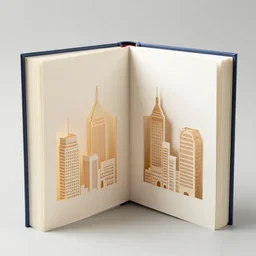 a book with cutout buildings inside between the hardcovers