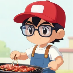 a photograph of a young megaman with wayfarer glasses and red baseball cap having a barbecue, by floro dery, shoji kawamori, and greg rutkowski, artstation, concept art, high quality illustration, mtmte, cover art