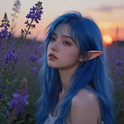 photograph of a young woman with blue hair lush flowering indigofera, serene sunset, surrounded by flowers, low lights, elven ears, oil painting, rough skin pores texture, cute and gorgeous, a masterpiece hyperrealistic, cinematic lighting, photoreal image, actual person, extremely detailed, trending on artstation, 4 k.
