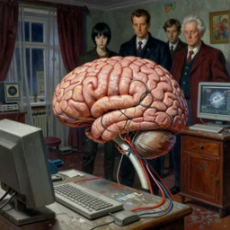 realistic detailed image of a human brain connected with wires and cords to a computer from 9 0 s in an old dirty soviet apartment by ayami kojima, amano, karol bak, greg hildebrandt, and mark brooks, neo - gothic, gothic, rich deep colors. beksinski painting, from a movie by david cronenberg. part by adrian ghenie and gerhard richter. art by takato yamamoto. masterpiece. realistic detailed image
