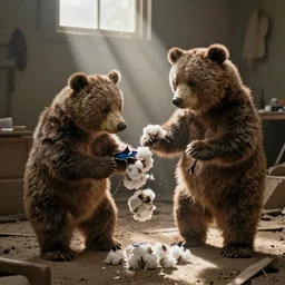 two build a bears that are best friends, one is sewing up a broken patch on the others arms that is spilling cotton in a dusty room lit by God rays, ultra realistic, rtx