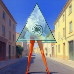 a post - minimalism portrait of a magical triangle glass head spiral street one point perspective, extremely long forehead being sucked into void, with very long legs vibrant color scheme, highly detailed, in the style of romanticism, cinematic, artstation, moebius, greg rutkowski