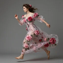 woman dressed in a vaporous wrapped large victorian pink red roses silk semi-transparent dress fashion is running D&D, fantasy, intricate, elegant, highly detailed, digital painting, artstation, concept art, matte, sharp focus, illustration, art by Artgerm and Greg Rutkowski and Alphonse Mucha