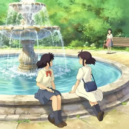 2 girl playing near a fountain, epic perspective, illustration concept art anime key visual trending pixiv fanbox by wlop and greg rutkowski and makoto shinkai and studio ghibli