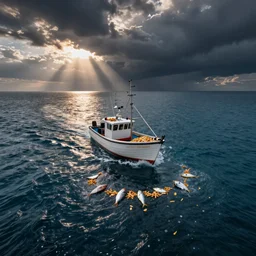 fishing boat discarding fish and chips into the sea, zenith view