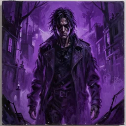 painting of the figure of a man in a haunting scenery, 8 0's, stephen king, high contrast, concept art, fully colored, purple filter, neon, dramatic lighting, digital art, 8 k, arkham city, call of cthulhu, extremely detailed, drawn by ruan jia