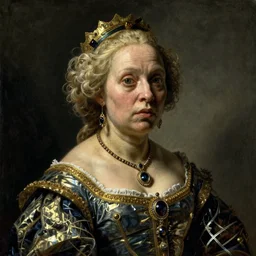disturbing dutch golden age oil painting by christian rex van minnen portrait of an extremely bizarre mutated proteus syndrome woman wearing shiny dress and jewels with intense chiaroscuro lighting perfect composition masterpiece