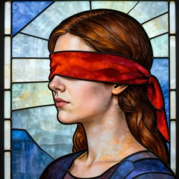 beautiful detailed side - view portrait of philippa eilhart, a blindfolded woman, covered eyes, red and orange blindfold, brown pigtails, postmodern stained glass art, masterful