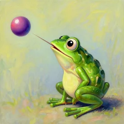 zuma frog shooting balls from its mouth, with a colored ball on its back, surrealist pastel drawing