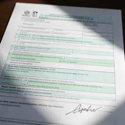 detailed scan of a A4 sized document, tax form, questionaire, tables with alternating row colours, high definition, signature on the bottom, header with logo