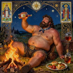 a dramatic, epic, ethereal painting of a !!!handsome!!! thicc chunky beefy mischievous shirtless rugged man with a big beer belly wearing a large belt and bandana offering a whiskey bottle | he is a cowboy short beard relaxing by a campfire | background is a late night with food and jugs of whisky | homoerotic, rugged | stars, tarot card, art deco, art nouveau, mosaic, intricate | by Mark Maggiori (((and Alphonse Mucha))) | trending on artstation