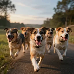 realistic photo first person perspective, happy dogs stampede towards camera, attacking and chasing me, dramatic lighting, early evening, professional photography, high detail, cinematic lighting, unreal engine