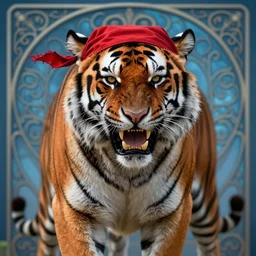 close up portrait of anthropomorphic tiger, growling, strong and ferocious, red tattered bandana by artgerm, cushart krenz, greg rutkowski, mucha. art nouveau. gloomhaven, full body tiger fur, blue tonal background, vibrant colors, sharp edges. ultra clear detailed. 8 k. elegant, intricate, octane render