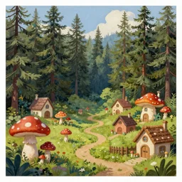 A beautiful painting of a pine forest with a toadstool village, houses in the shape of mushrooms, whimsical cottagecore cabins, Digital Art by James Christensen, Trending on artstation