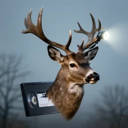 a flying decapitated head of a deer, camera flash, VHS videotape, realistic horror, eerie, trending