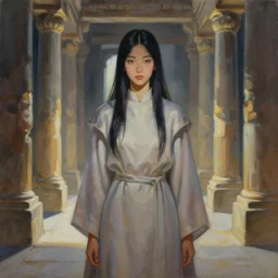 priestess in the mycena temple. gouache painting by award - winning mangaka, bloom, chiaroscuro, backlighting, depth of field.