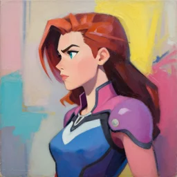 Greg Manchess portrait painting of Jean Grey as Overwatch character, medium shot, asymmetrical, profile picture, Organic Painting, sunny day, Matte Painting, bold shapes, hard edges, street art, trending on artstation, by Huang Guangjian and Gil Elvgren and Sachin Teng