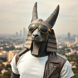 a portrait of a statue of the egyptian god anubis wearing aviator goggles, white t - shirt and leather jacket. the city of los angeles is in the background. hi - res dslr photograph.