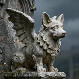 gothic gargoyle corgi with wings made of stone, uncropped, photography