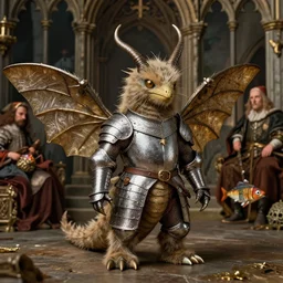 medieval jan van eyck portrait of a tin toy fuzzy kaiju moth dragon wearing armour, nicoletta ceccoli, mark ryden, lostfish, hyung tae, frank frazetta, depth of field, detailed and intricate gothic environment, 8 k resolution, hyperrealistic, octane render