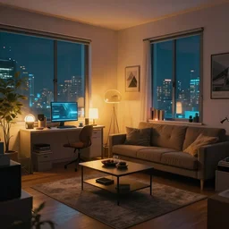 cozy cyberpunk apartment room at night, cozy lighting, josan gonzalez