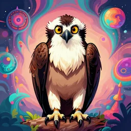extremely detailed cartoon osprey looking directly into camera psychedelic
