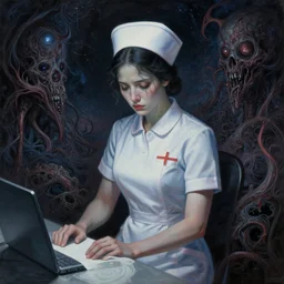 overworked psychotic nurse, cosmic horror painting, elegant intricate, by mark brooks and brad kunkle detailed