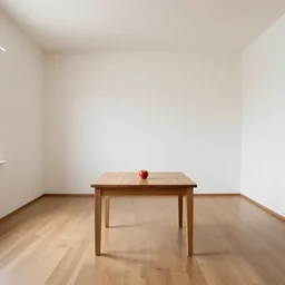 A 10ft by 10ft room empty except for a an apple on a table in the middle, table is centered