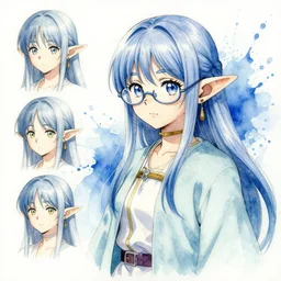detailed anime illustration of an elf, watercolour, blue paint splash, girl with glasses, 4 k concept art, artstation