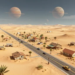 main street of a small human colony, on a remote desert planet, from a space themed point and click 2 d graphic adventure game, set design inspired slightly by hg giger, art inspired by thomas kinkade