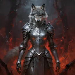 anthropomorphic wolf woman wearing armor, digital painting, fantasy, ethereal, brooding, hellish background, art by peter mohrbacher, trending on artstation